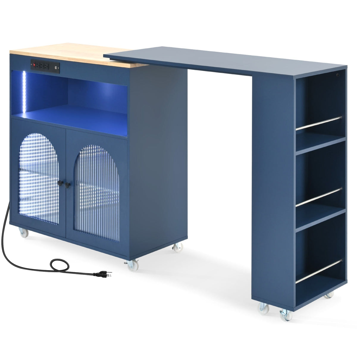 Bybafun Blue Mdf Base with Mdf Wood Top Rolling Kitchen Island (15.8-in x 56.3-in x 37.1-in)