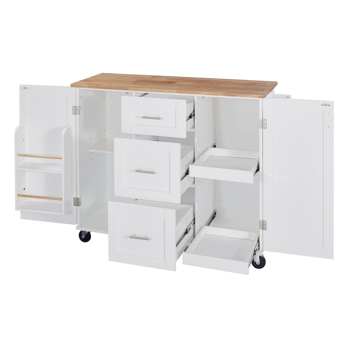 Bybafun White Mdf Base with Wood Top Rolling Kitchen Island (17-in x 50-in x 36.9-in)