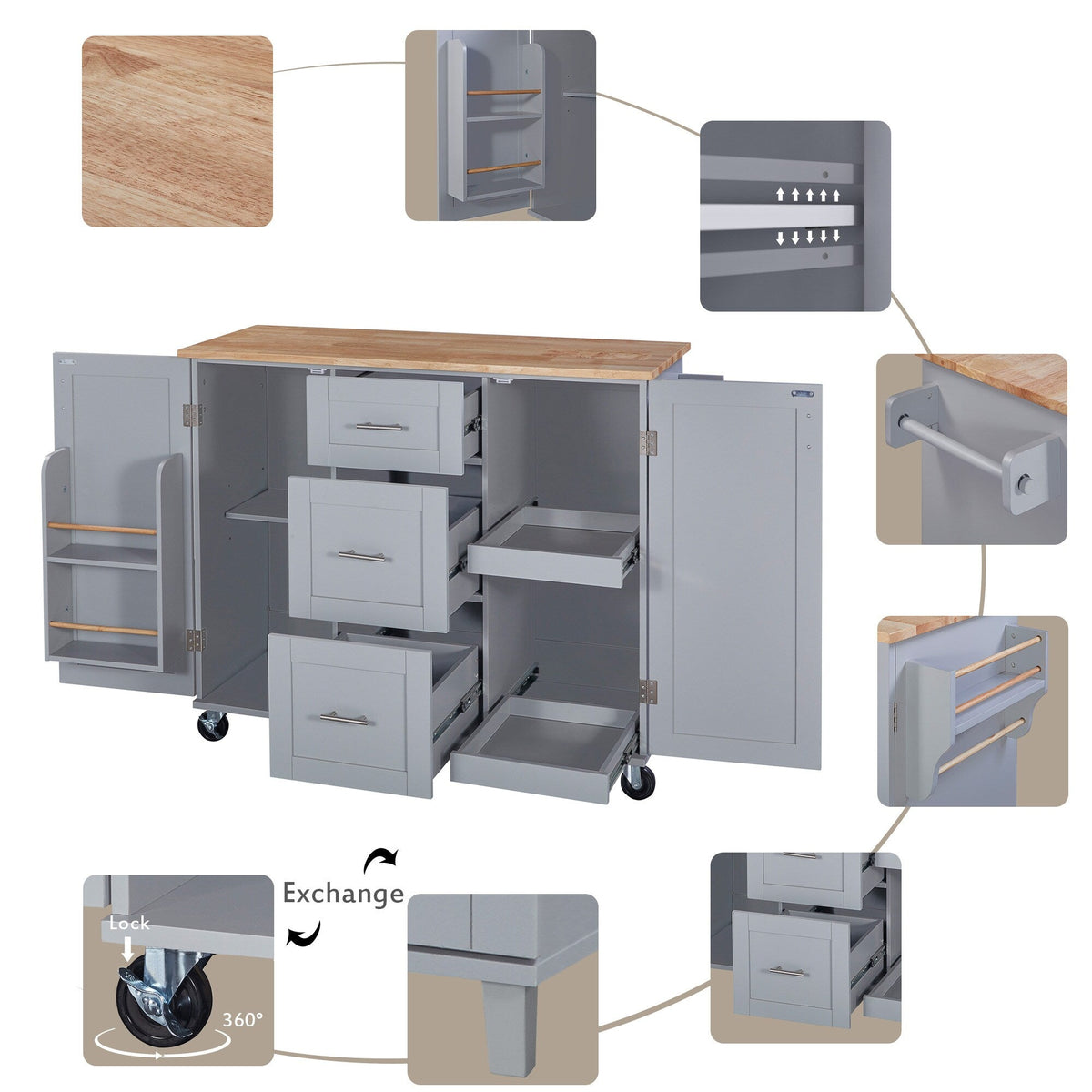 Bybafun Gray Mdf Base with Wood Top Rolling Kitchen Island (17-in x 50-in x 36.9-in)