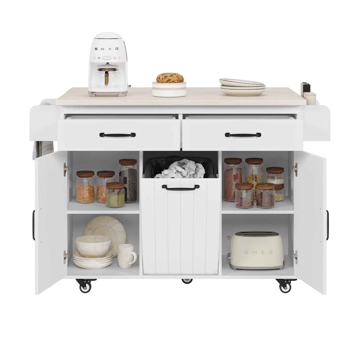 Bybafun White Mdf Base with Mdf Wood Top Rolling Kitchen Cart (20.6-in x 51-in x 35-in)