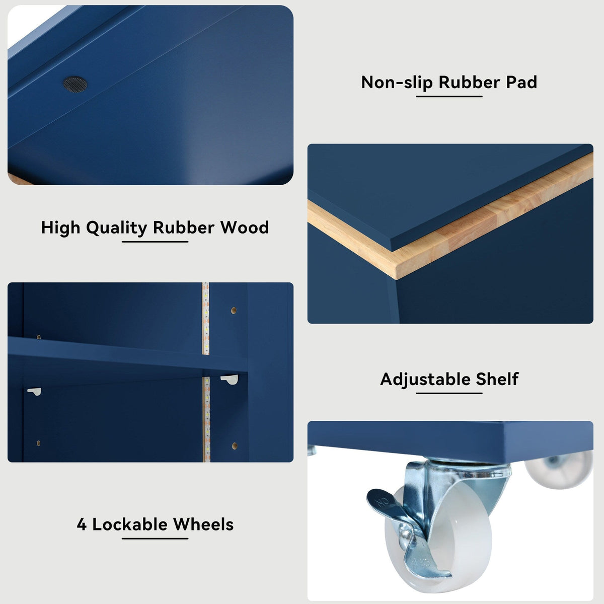 Bybafun Blue Mdf Base with Mdf Wood Top Rolling Kitchen Island (15.8-in x 56.3-in x 37.1-in)