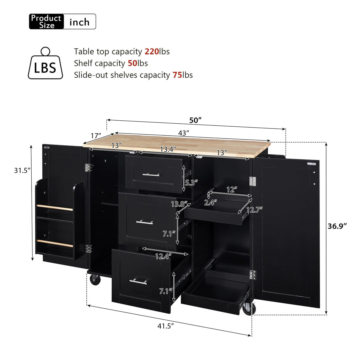 Bybafun Black Mdf Base with Wood Top Rolling Kitchen Island (17-in x 50-in x 36.9-in)
