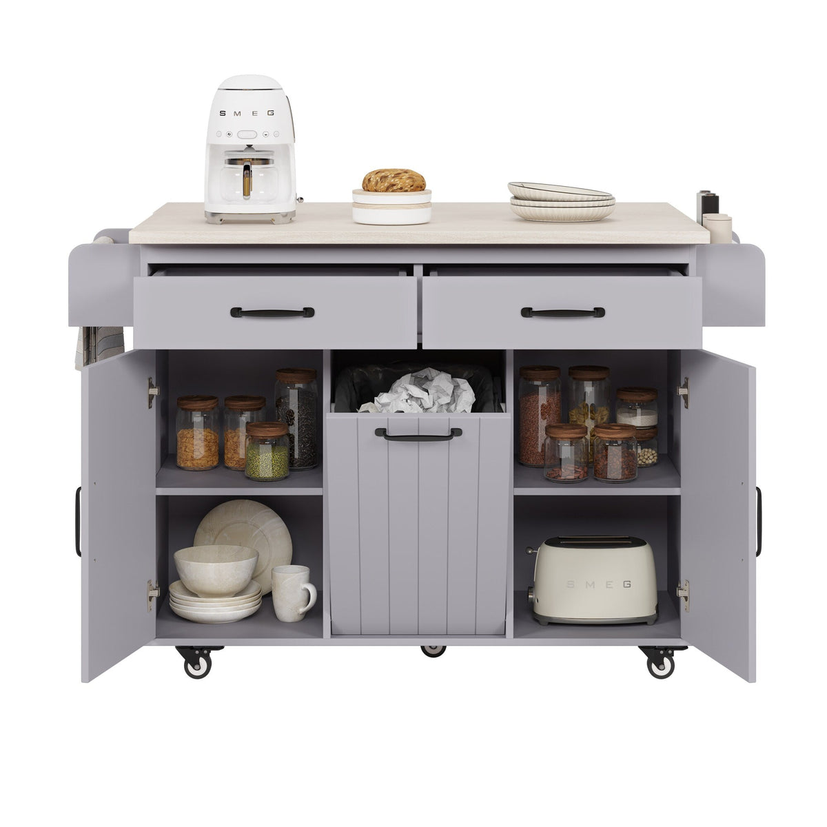 Bybafun Gray Mdf Base with Mdf Wood Top Rolling Kitchen Cart (20.6-in x 51-in x 35-in)