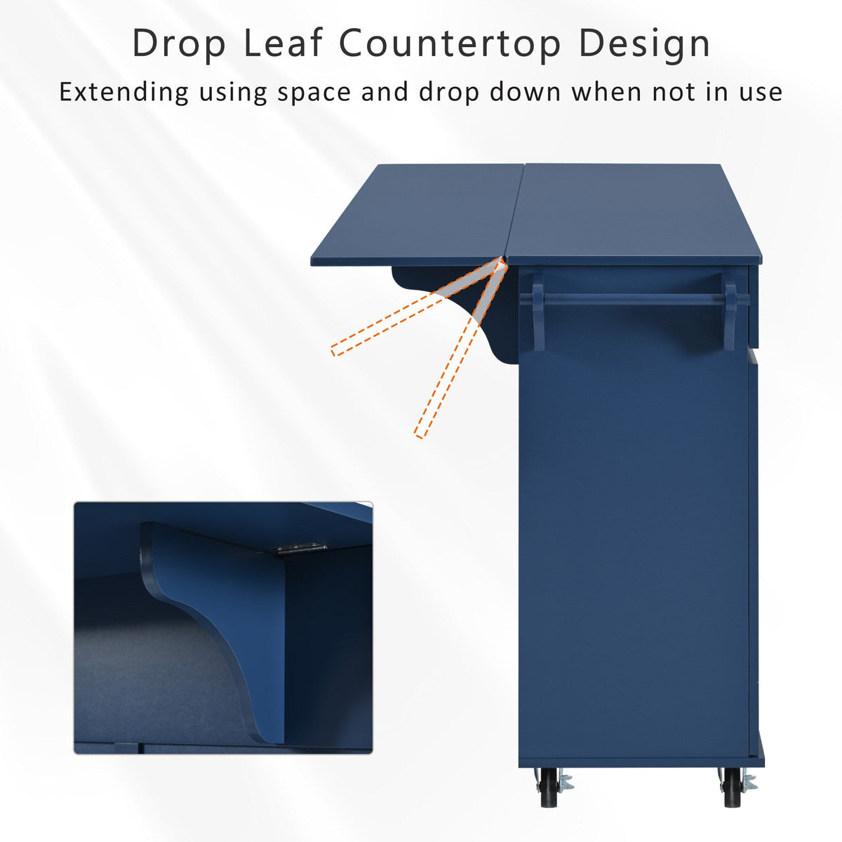 Bybafun Blue Mdf Base with Mdf Wood Top Rolling Kitchen Island (27.6-in x 53.2-in x 36.3-in)