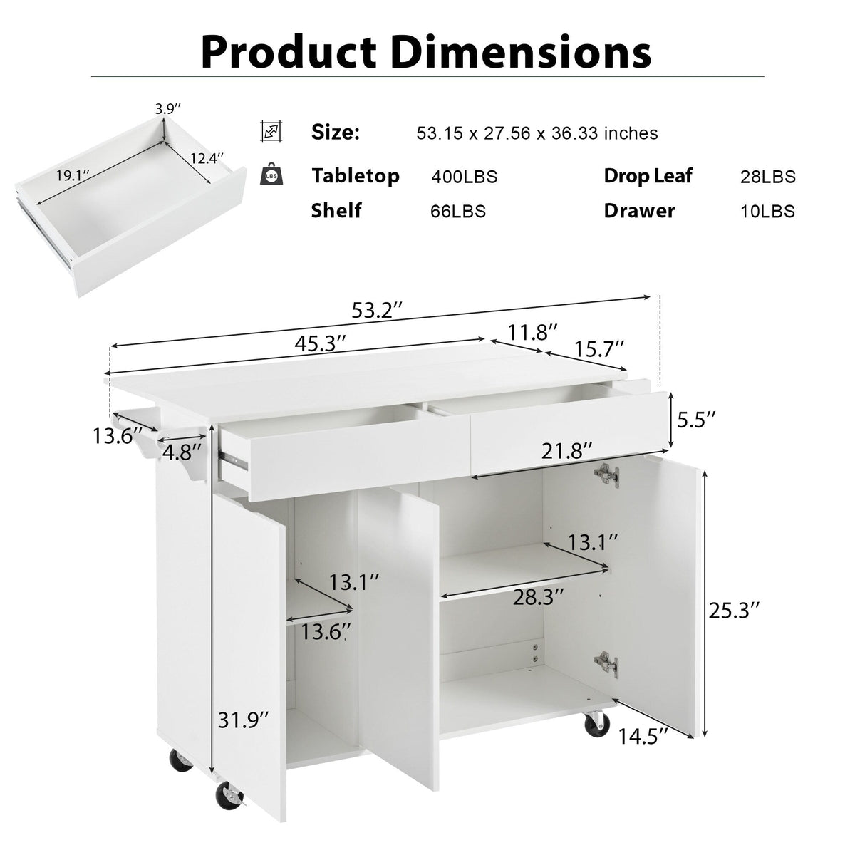 Bybafun White Mdf Base with Mdf Wood Top Rolling Kitchen Island (27.6-in x 53.2-in x 36.3-in)