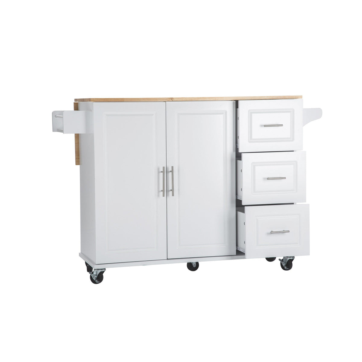 Bybafun White Mdf Base with Wood Top Rolling Kitchen Island (30-in x 53.9-in x 36.2-in)