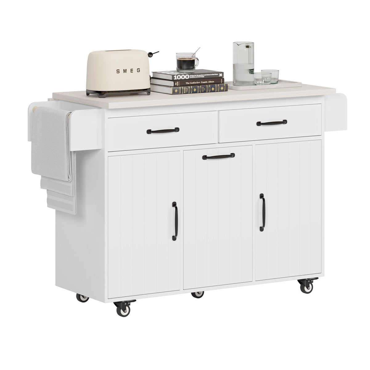 Bybafun White Mdf Base with Mdf Wood Top Rolling Kitchen Cart (20.6-in x 51-in x 35-in)