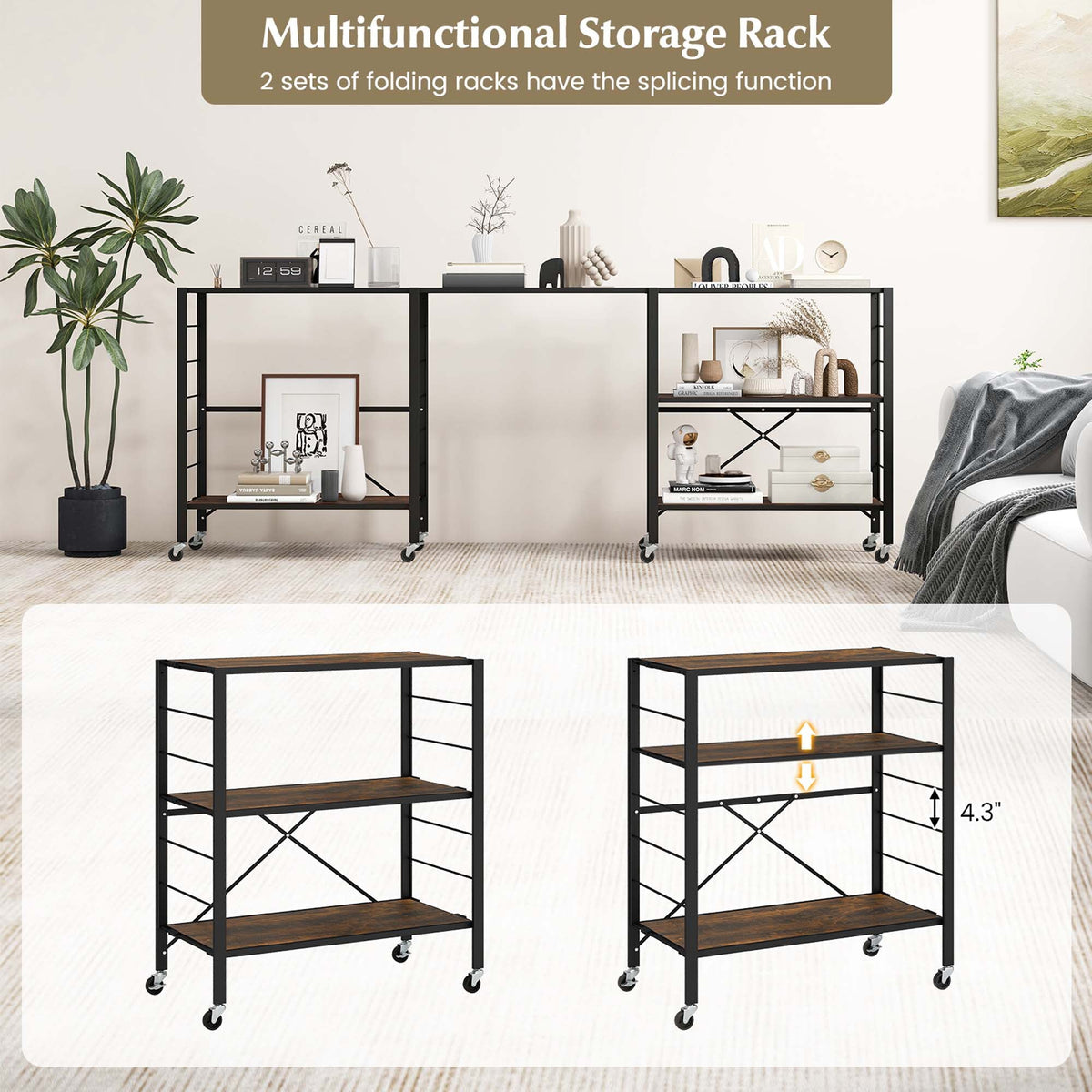 Costway Black Metal Base with Mdf Metal Top Rolling Kitchen Cart (14-in x 30-in x 34-in)