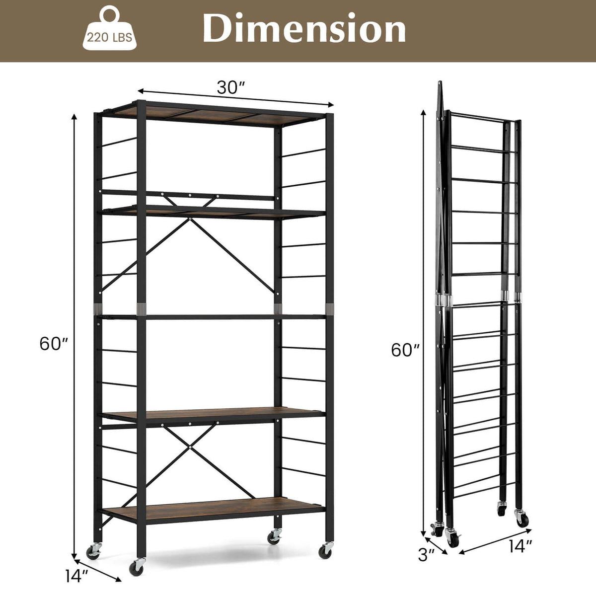 Costway Black Metal Base with Mdf Wood Top Rolling Kitchen Cart (14-in x 30-in x 60-in)