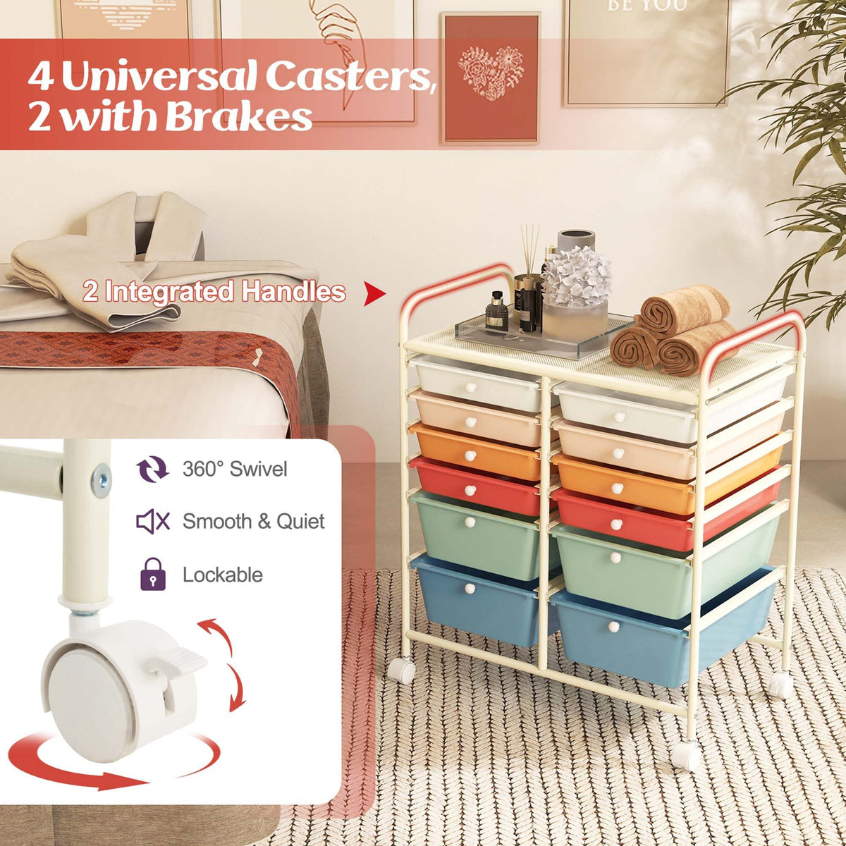 Costway White Metal Base with Plastic Top Rolling Kitchen Cart (15-in x 25-in x 29.5-in)