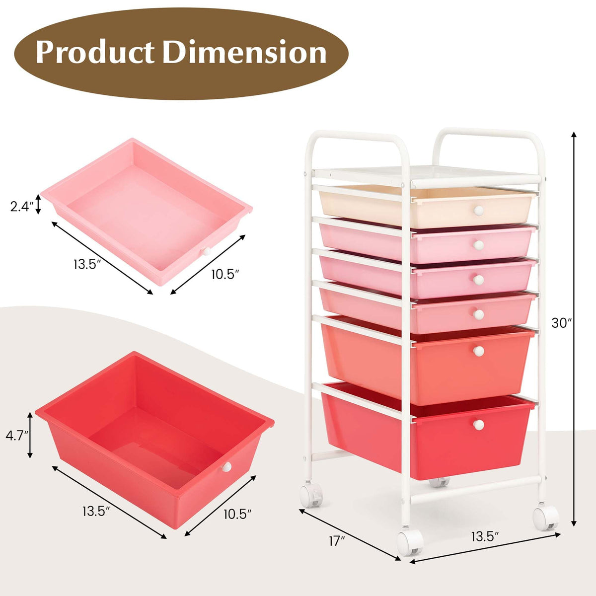 Costway White Metal Base with Plastic Metal Top Rolling Kitchen Cart (17-in x 13.5-in x 30-in)