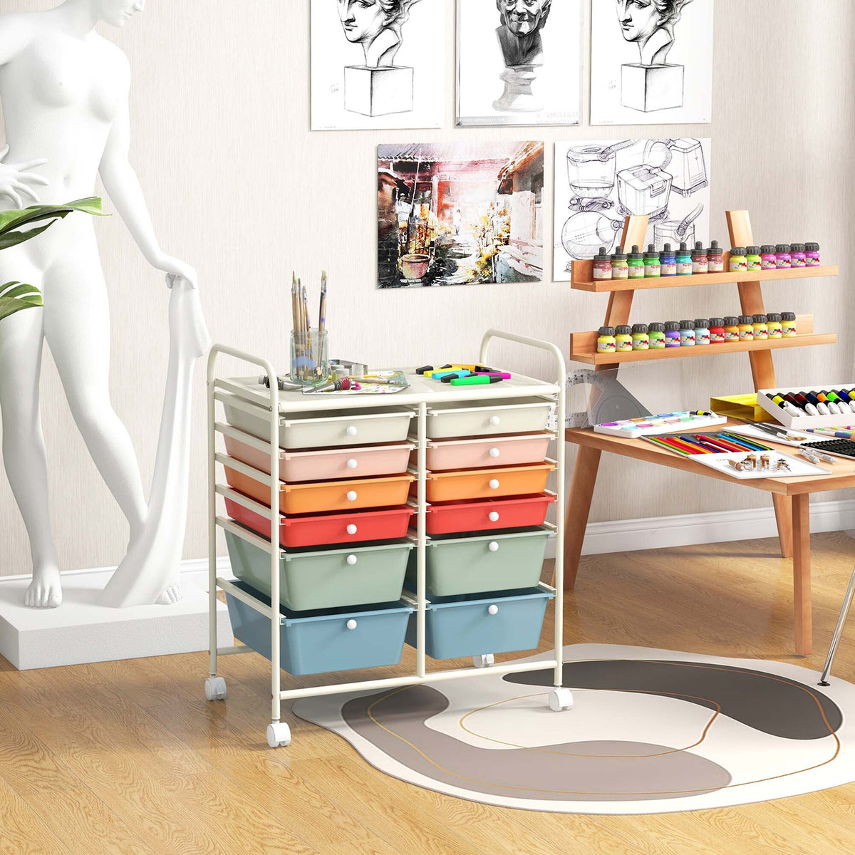 Costway White Metal Base with Plastic Top Rolling Kitchen Cart (15-in x 25-in x 29.5-in)