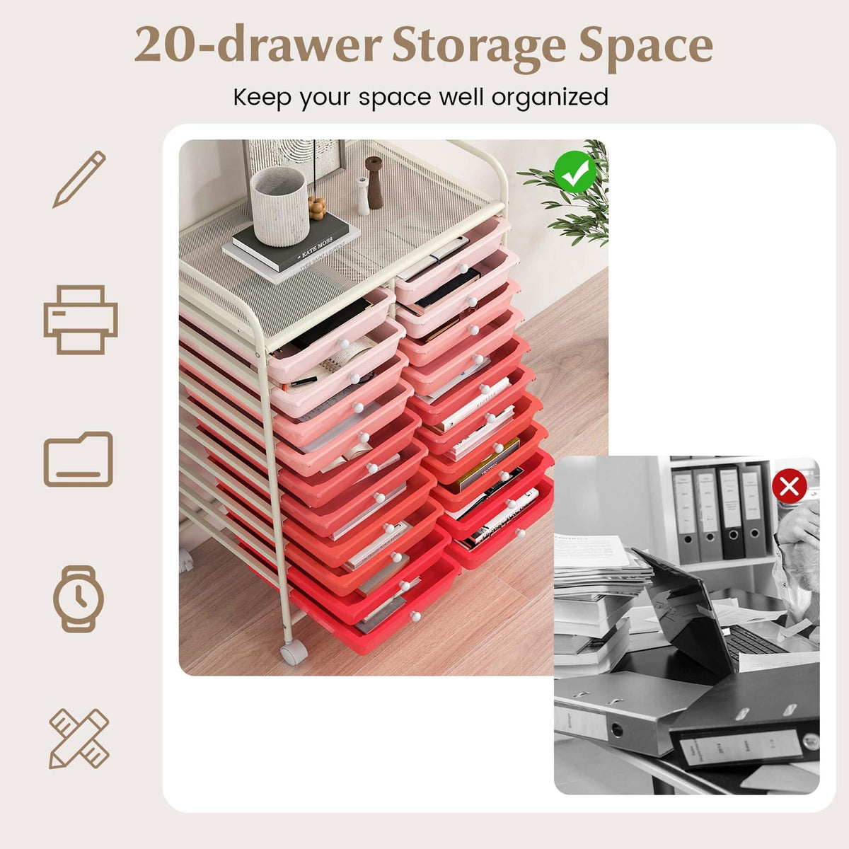 Costway White Metal Base with Plastic Metal Top Rolling Kitchen Cart (15-in x 25-in x 35-in)