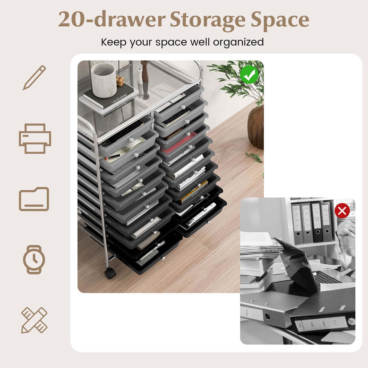Costway Chrome Metal Base with Plastic Top Rolling Kitchen Cart (15-in x 25-in x 35-in)