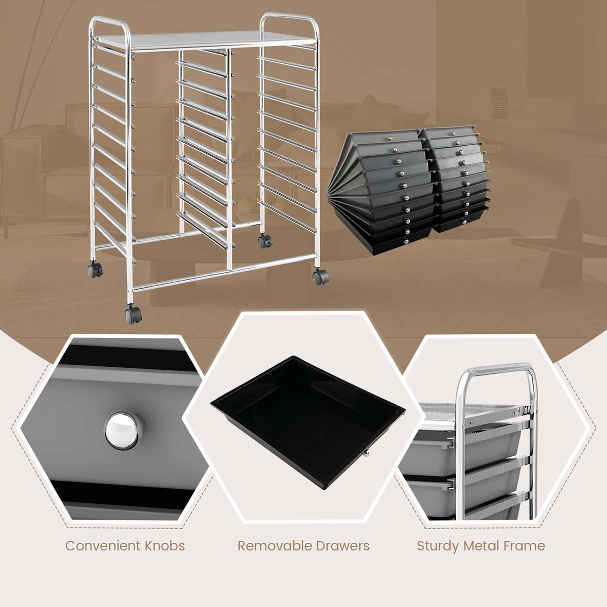 Costway Chrome Metal Base with Plastic Top Rolling Kitchen Cart (15-in x 25-in x 35-in)