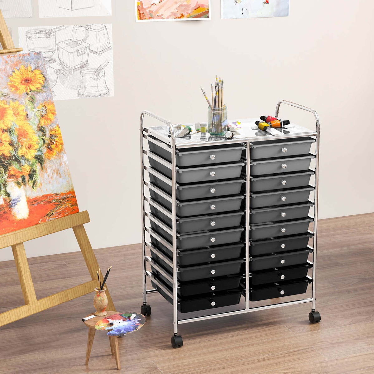Costway Chrome Metal Base with Plastic Top Rolling Kitchen Cart (15-in x 25-in x 35-in)
