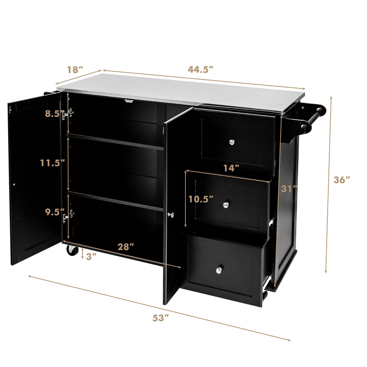Costway Stainless Steel Mdf Base with Stainless Steel Metal Top Rolling Kitchen Island (18-in x 53-in x 36-in)