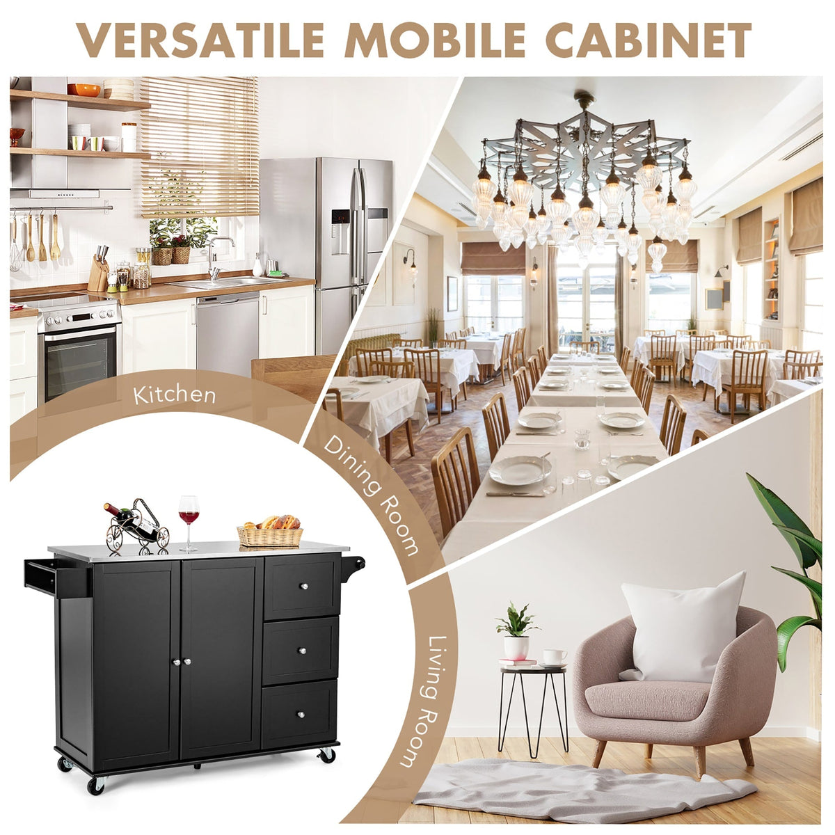 Costway Stainless Steel Mdf Base with Stainless Steel Metal Top Rolling Kitchen Island (18-in x 53-in x 36-in)