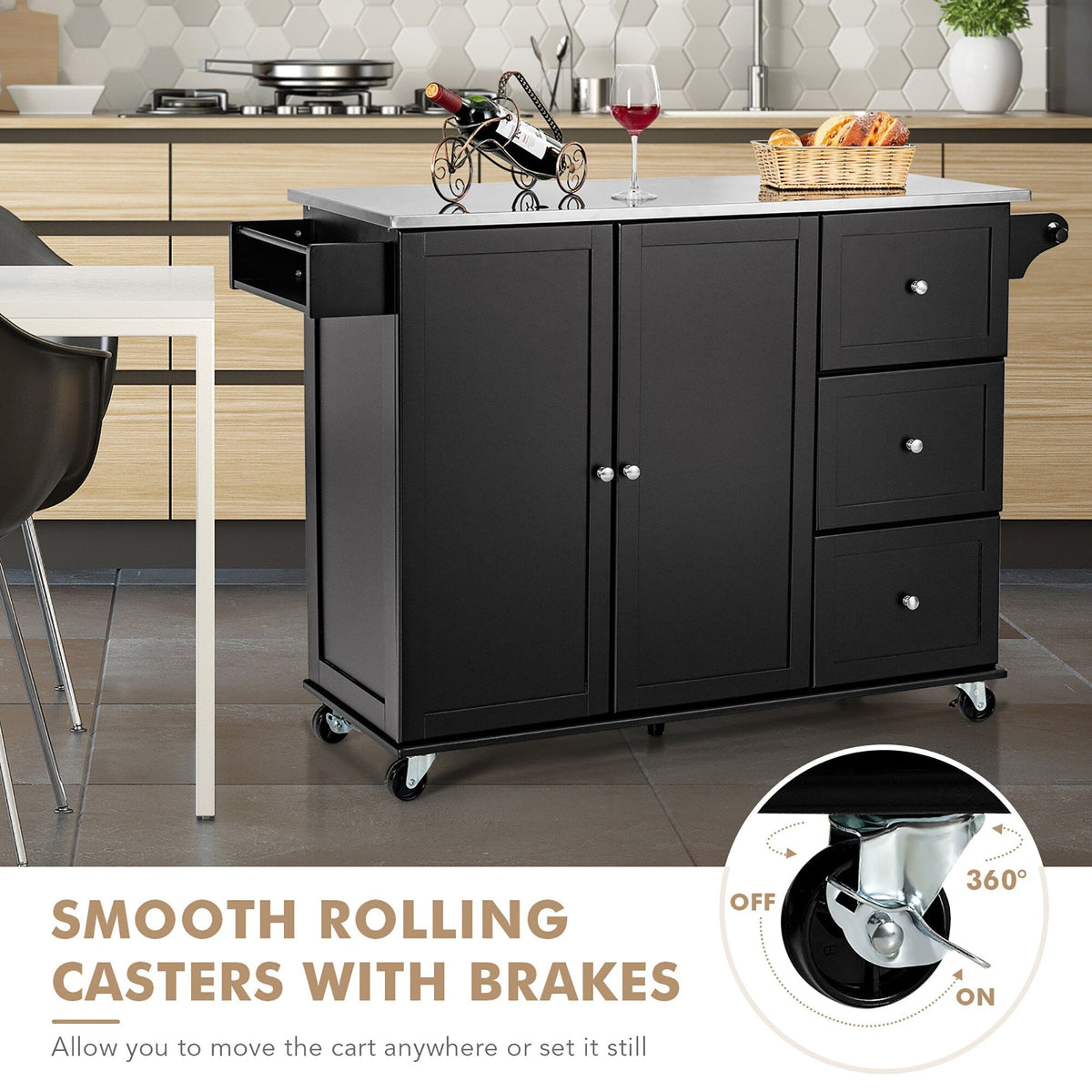 Costway Stainless Steel Mdf Base with Stainless Steel Metal Top Rolling Kitchen Island (18-in x 53-in x 36-in)
