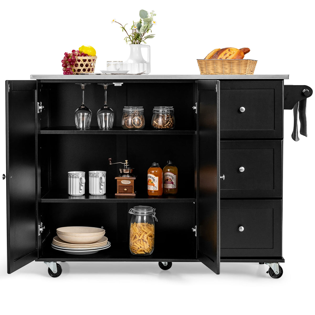 Costway Stainless Steel Mdf Base with Stainless Steel Metal Top Rolling Kitchen Island (18-in x 53-in x 36-in)