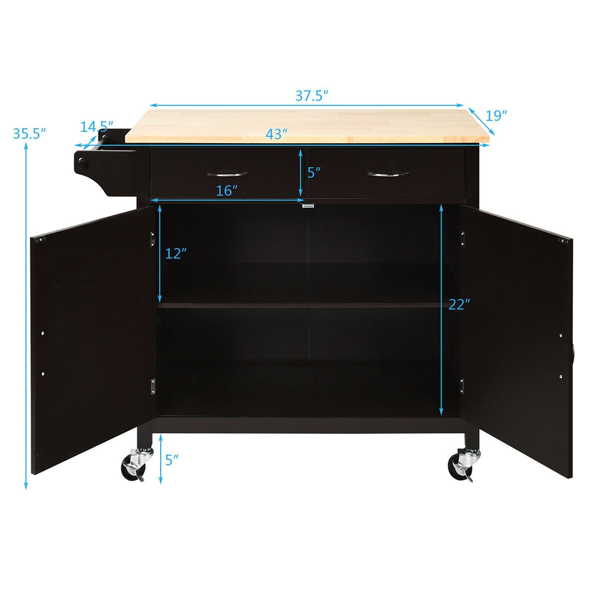 Costway Black Wood Base with Wood Top Rolling Kitchen Cart (19-in x 43-in x 35.5-in)