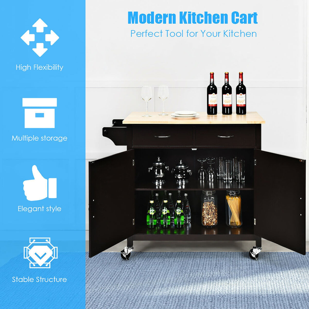 Costway Black Wood Base with Wood Top Rolling Kitchen Cart (19-in x 43-in x 35.5-in)