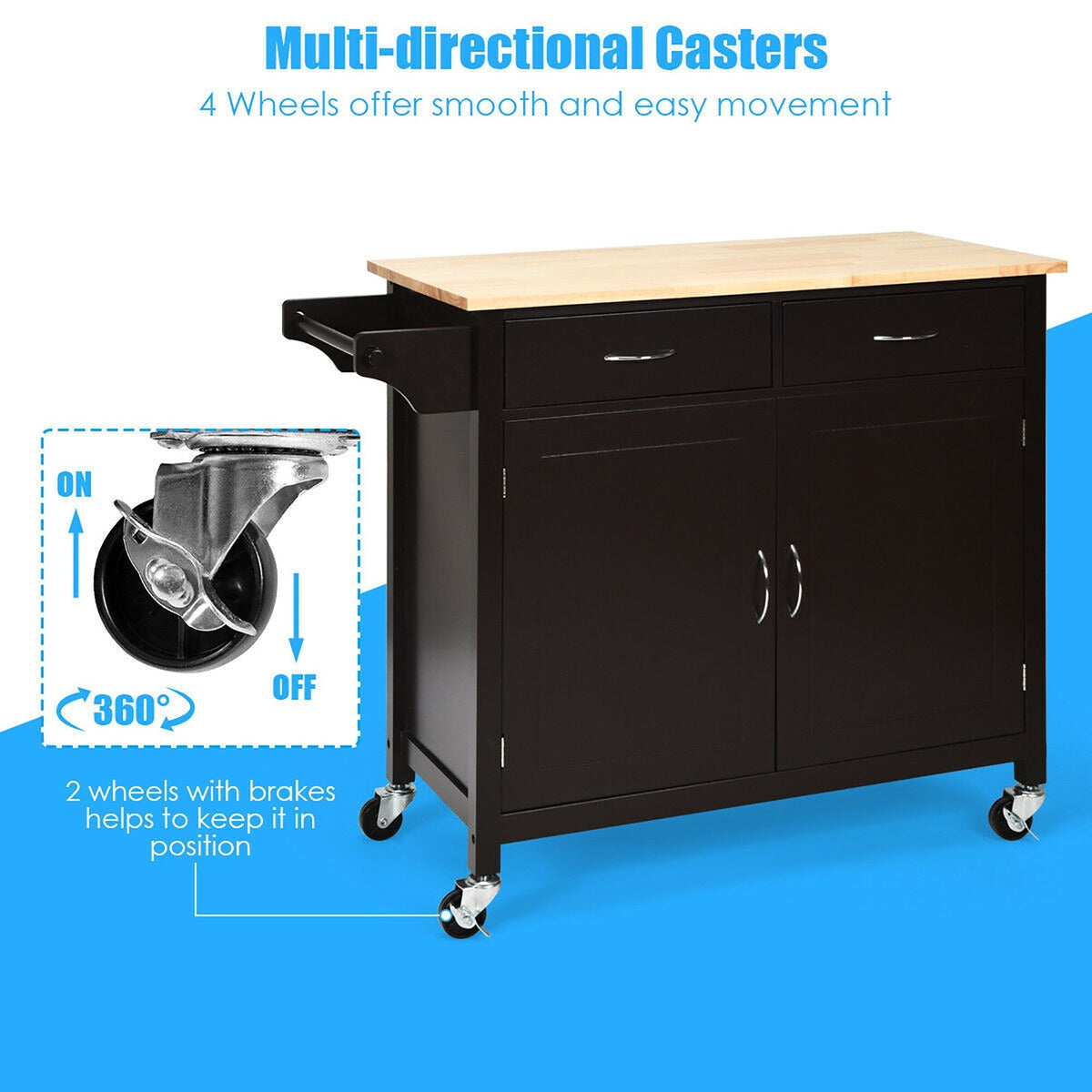 Costway Black Wood Base with Wood Top Rolling Kitchen Cart (19-in x 43-in x 35.5-in)