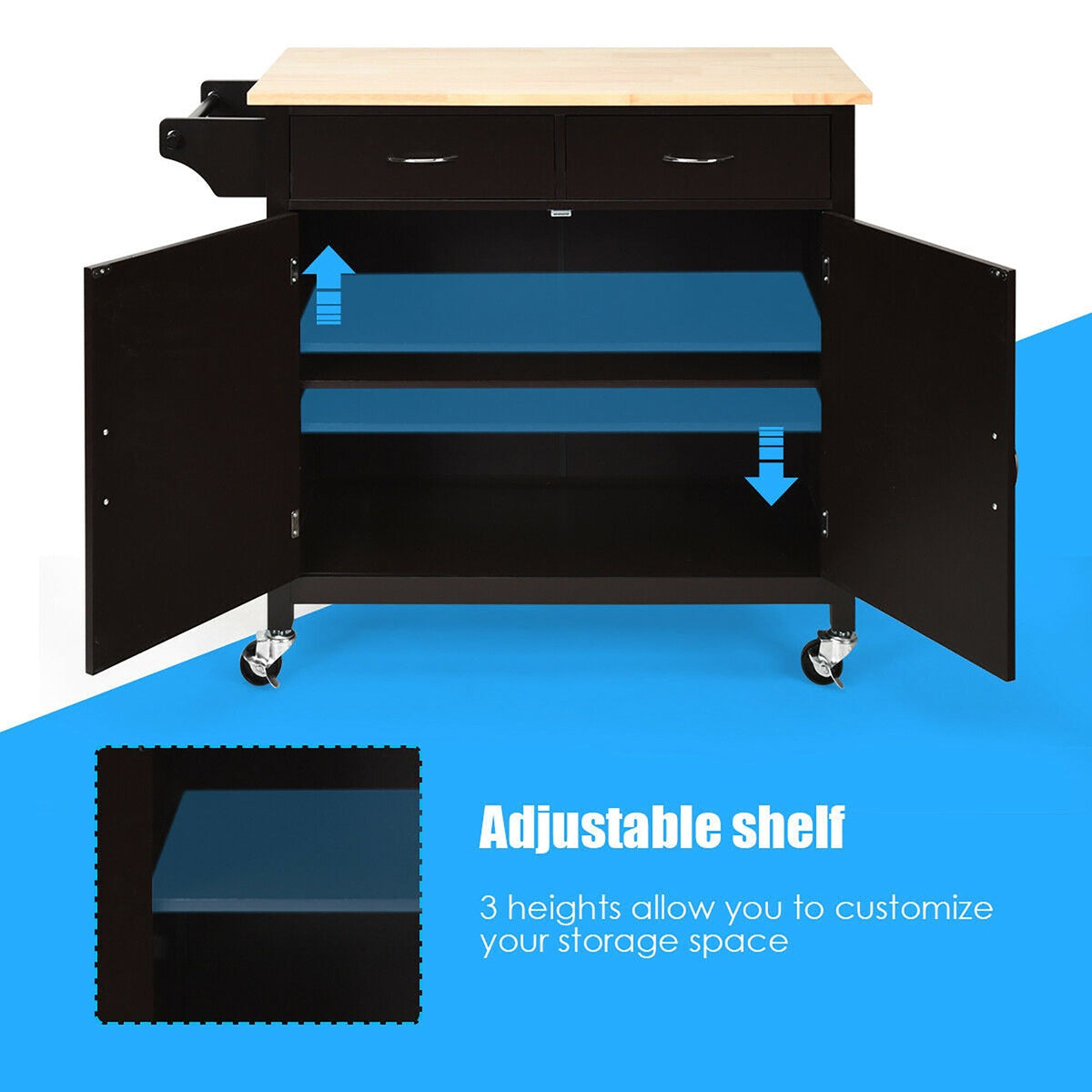 Costway Black Wood Base with Wood Top Rolling Kitchen Cart (19-in x 43-in x 35.5-in)