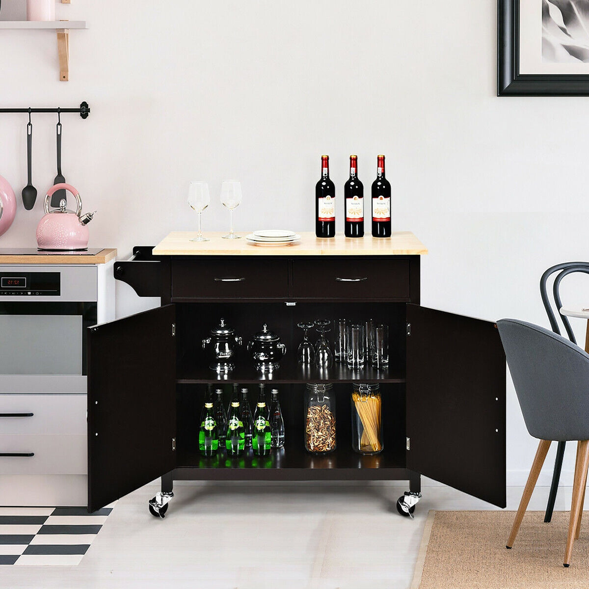 Costway Black Wood Base with Wood Top Rolling Kitchen Cart (19-in x 43-in x 35.5-in)