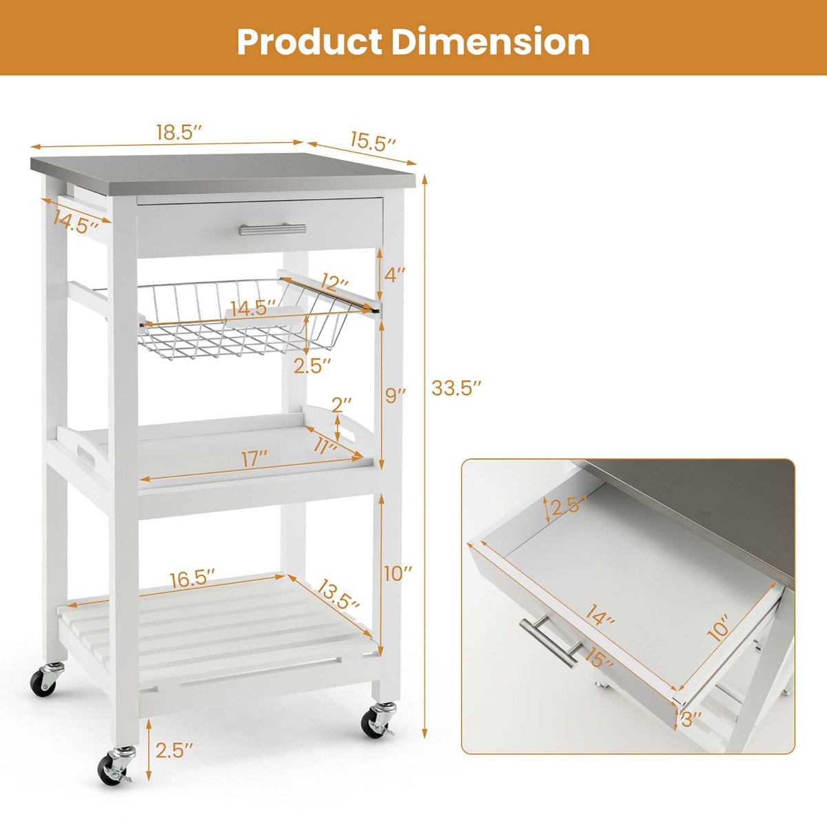 Costway White Metal Base with Mdf Wood Top Rolling Kitchen Cart (15.5-in x 18.5-in x 33.5-in)