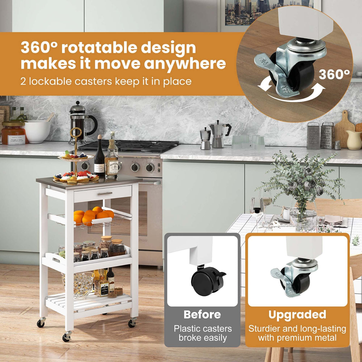 Costway White Metal Base with Mdf Wood Top Rolling Kitchen Cart (15.5-in x 18.5-in x 33.5-in)