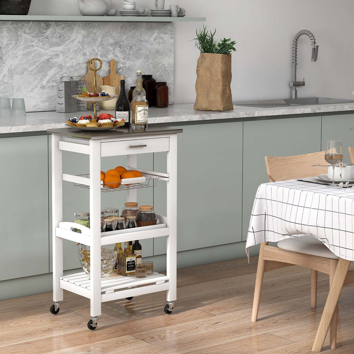 Costway White Metal Base with Mdf Wood Top Rolling Kitchen Cart (15.5-in x 18.5-in x 33.5-in)
