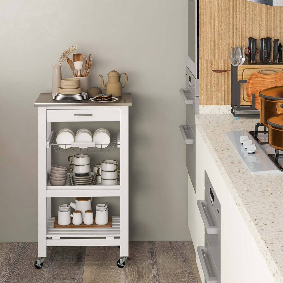 Costway White Metal Base with Mdf Wood Top Rolling Kitchen Cart (15.5-in x 18.5-in x 33.5-in)
