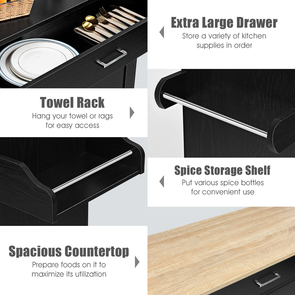 Costway Black Wood Base with Mdf Wood Top Rolling Kitchen Island (16-in x 45.5-in x 33.5-in)