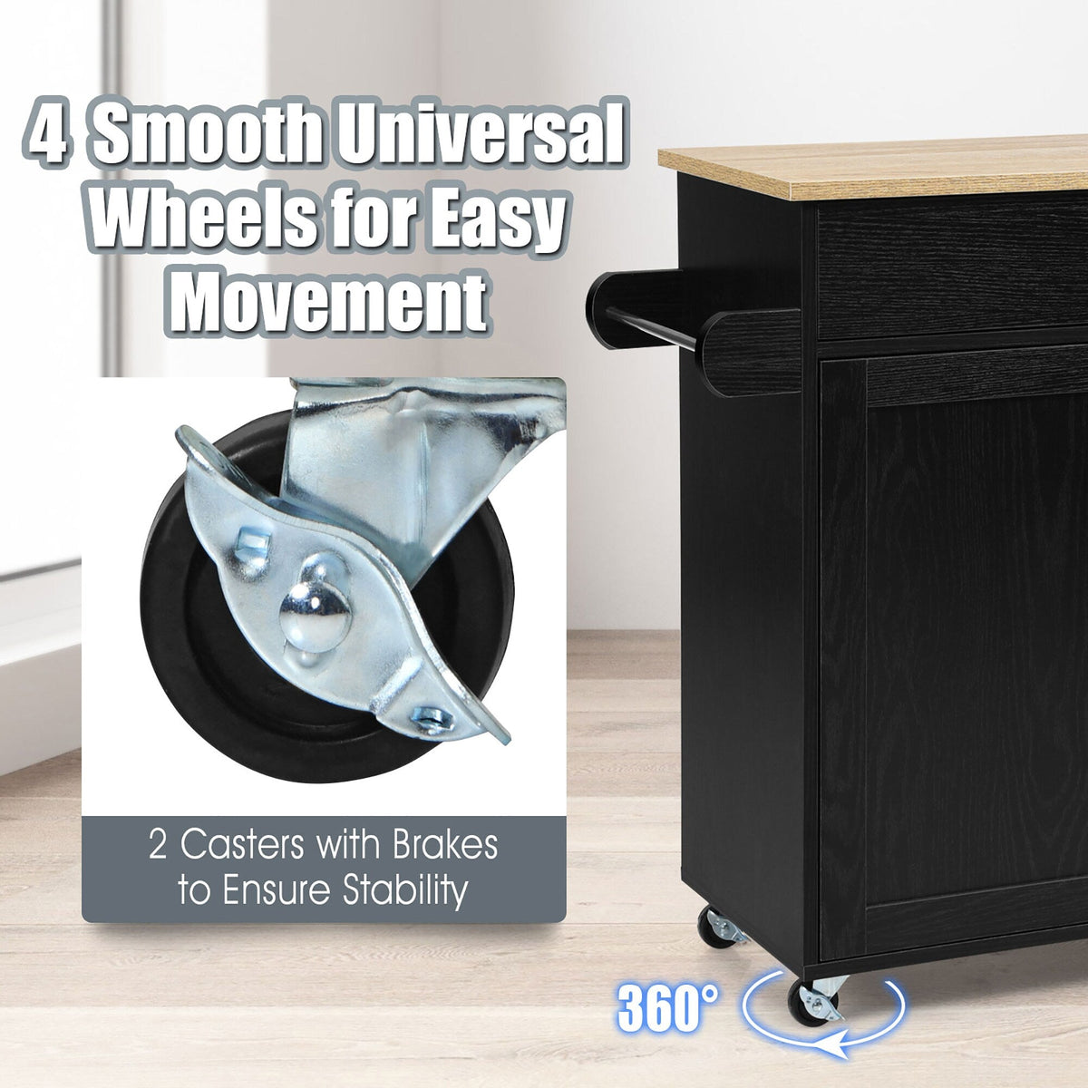 Costway Black Wood Base with Mdf Wood Top Rolling Kitchen Island (16-in x 45.5-in x 33.5-in)