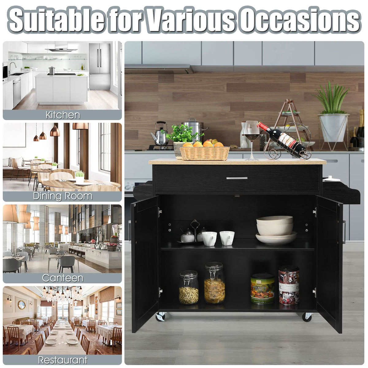 Costway Black Wood Base with Mdf Wood Top Rolling Kitchen Island (16-in x 45.5-in x 33.5-in)