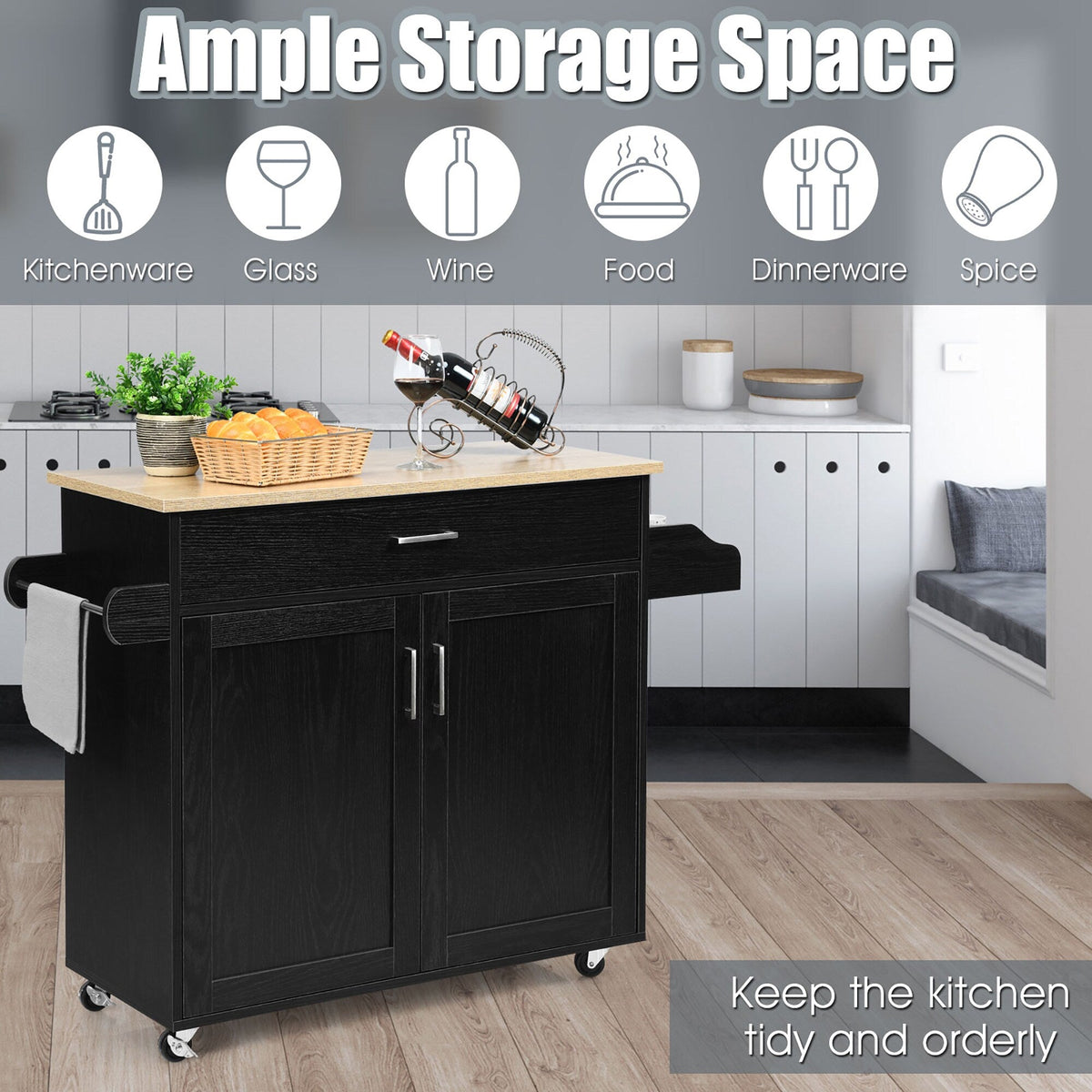 Costway Black Wood Base with Mdf Wood Top Rolling Kitchen Island (16-in x 45.5-in x 33.5-in)