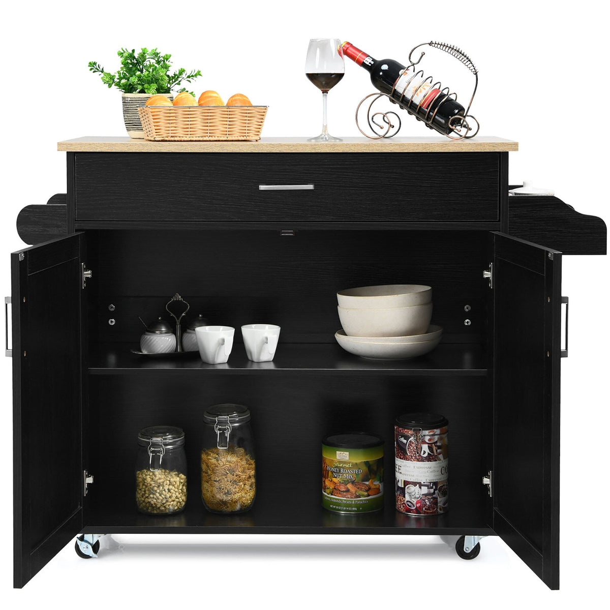 Costway Black Wood Base with Mdf Wood Top Rolling Kitchen Island (16-in x 45.5-in x 33.5-in)