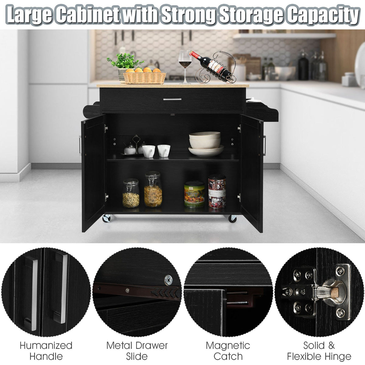 Costway Black Wood Base with Mdf Wood Top Rolling Kitchen Island (16-in x 45.5-in x 33.5-in)