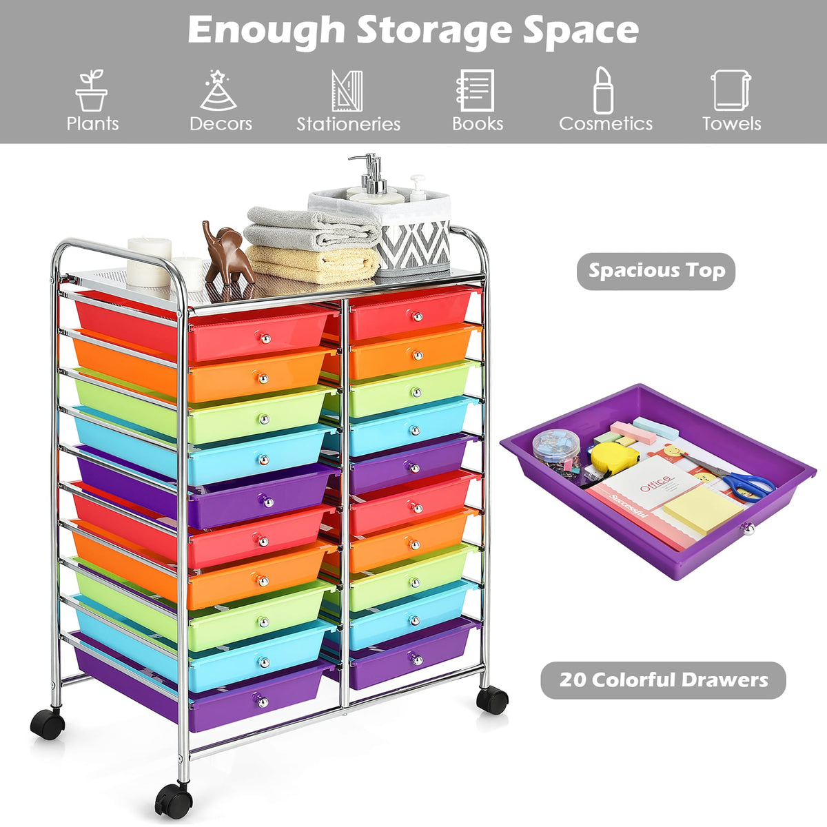 Costway Stainless Steel Base with Plastic Metal Top Rolling Kitchen Cart (15-in x 25-in x 35-in)