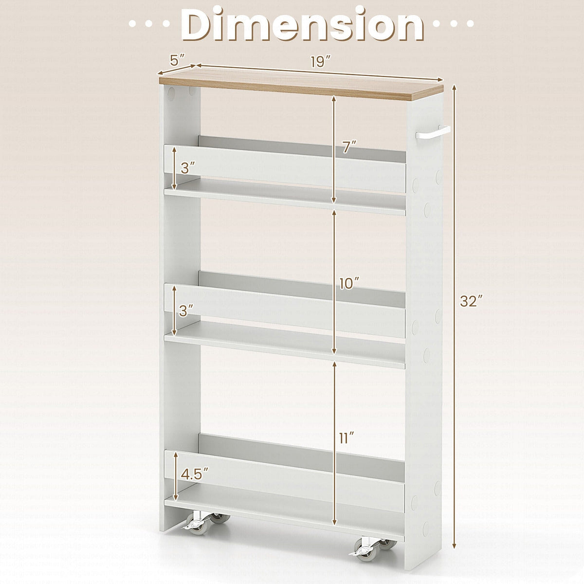 Costway White Metal Base with Wood Metal Top Rolling Kitchen Cart (7-in x 19-in x 32-in)