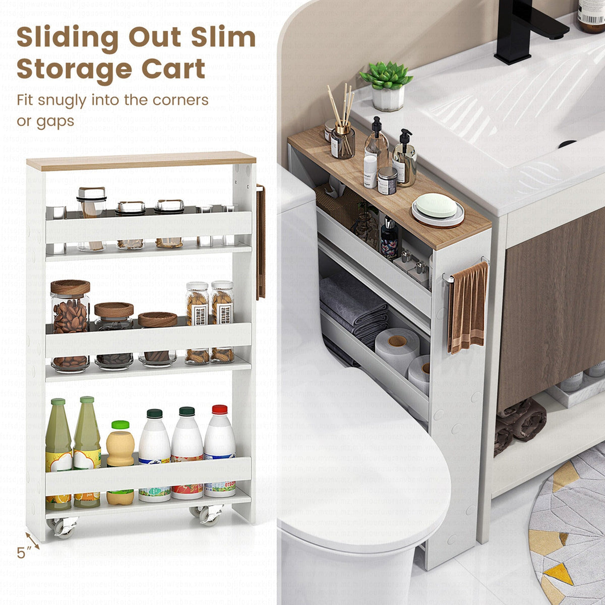 Costway White Metal Base with Wood Metal Top Rolling Kitchen Cart (7-in x 19-in x 32-in)