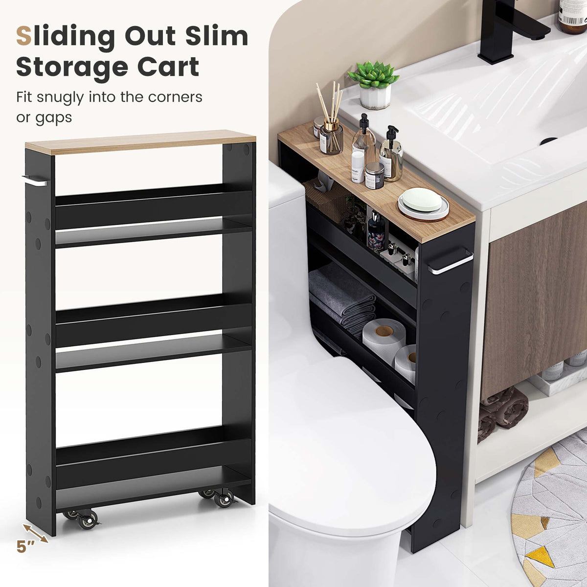 Costway Black Wood Base with Wood Top Rolling Kitchen Cart (7-in x 19-in x 32-in)