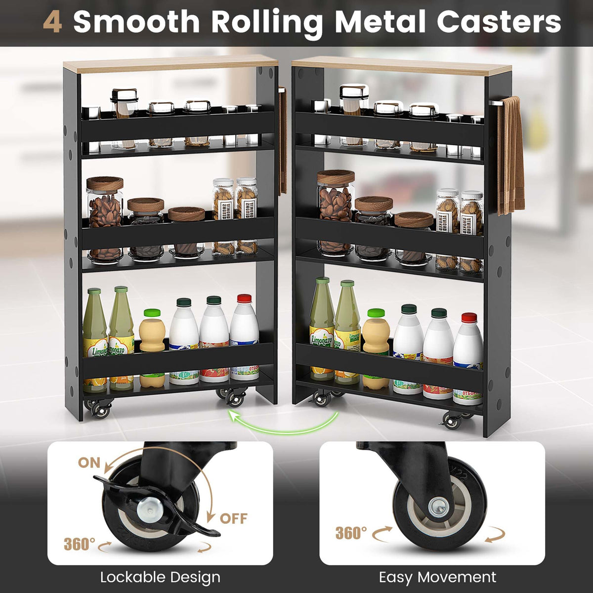 Costway Black Wood Base with Wood Top Rolling Kitchen Cart (7-in x 19-in x 32-in)