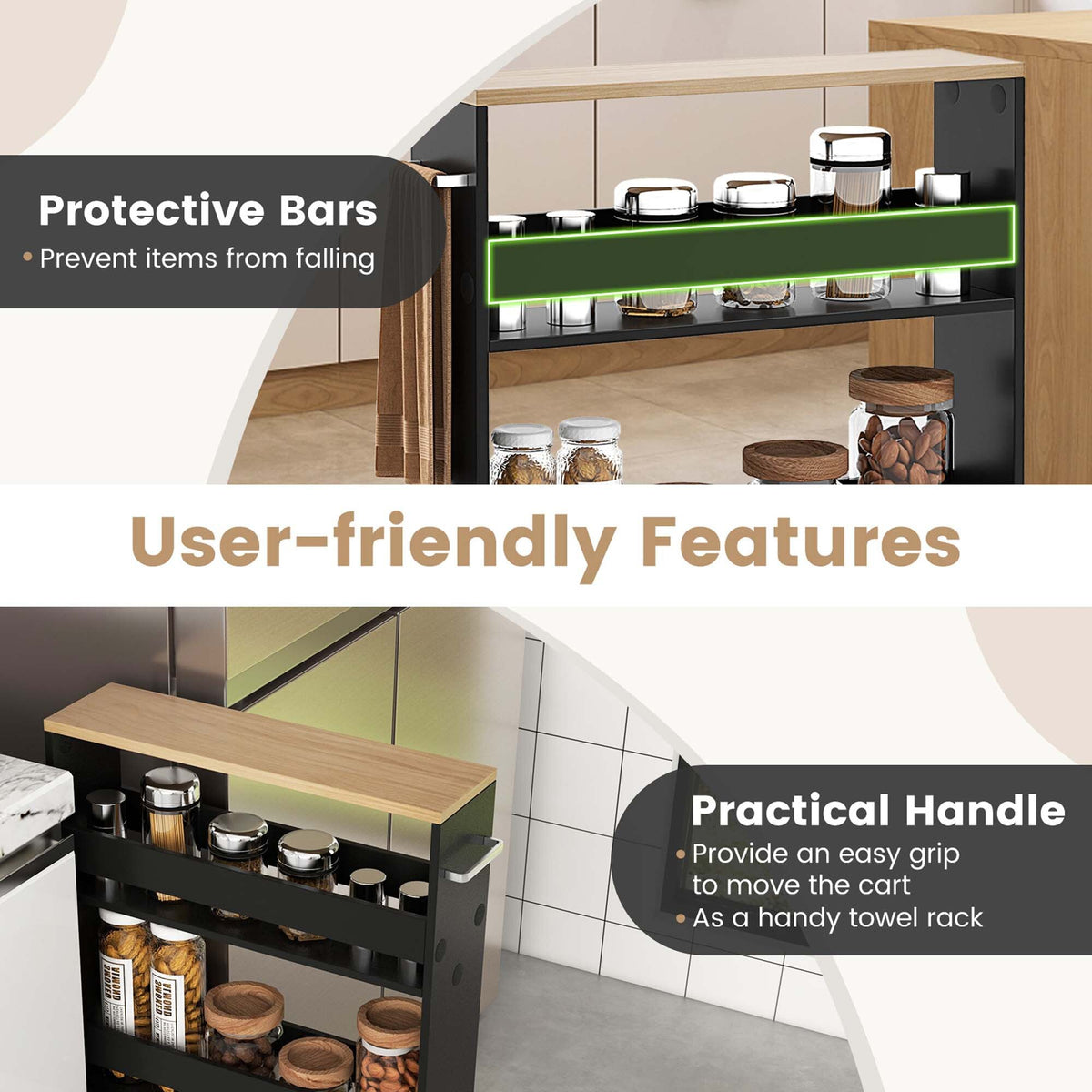 Costway Black Wood Base with Wood Top Rolling Kitchen Cart (7-in x 19-in x 32-in)