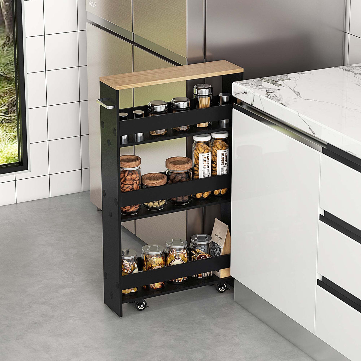 Costway Black Wood Base with Wood Top Rolling Kitchen Cart (7-in x 19-in x 32-in)