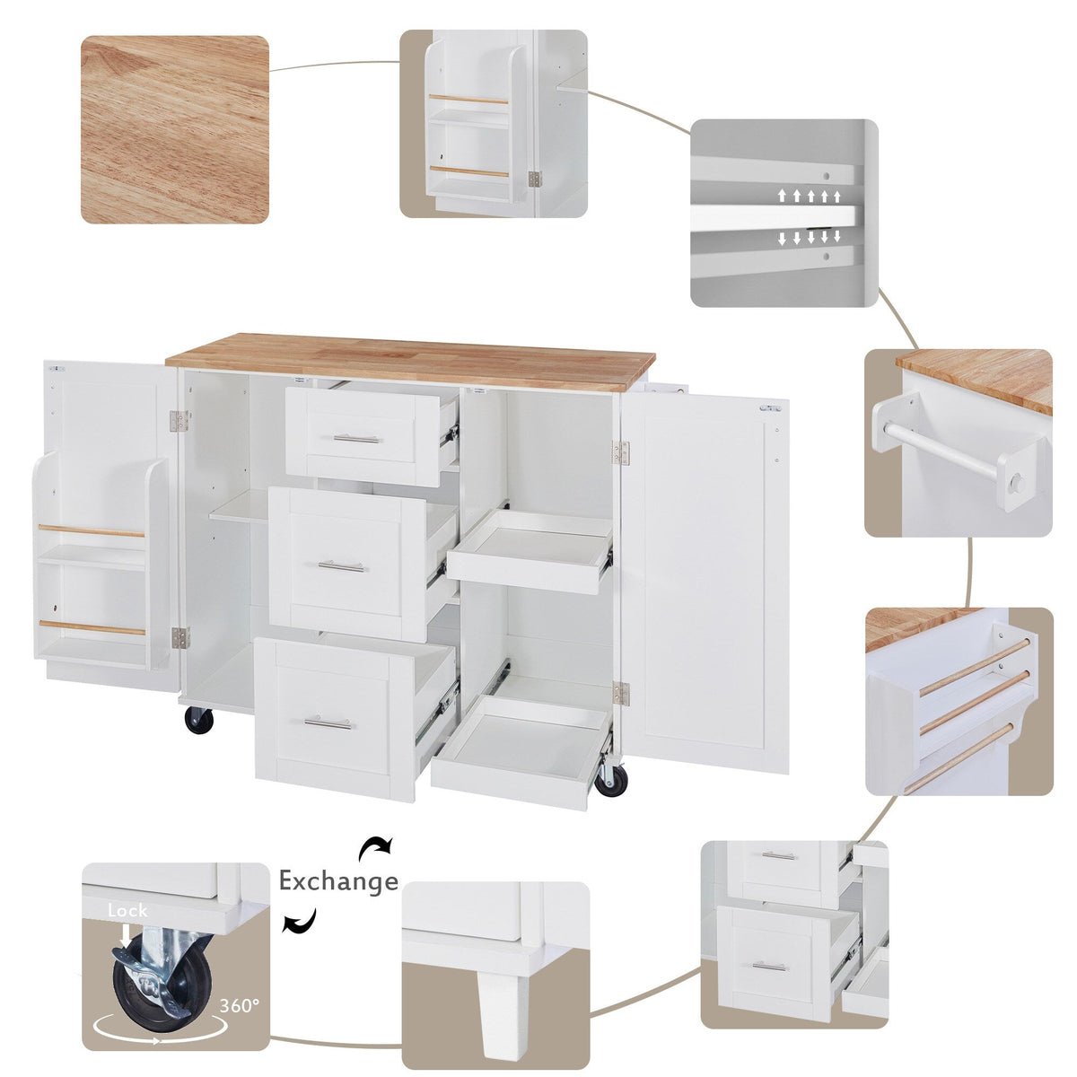 Runesay White Mdf Base with Mdf Wood Top Rolling Kitchen Island (17-in x 50-in x 36.85-in)