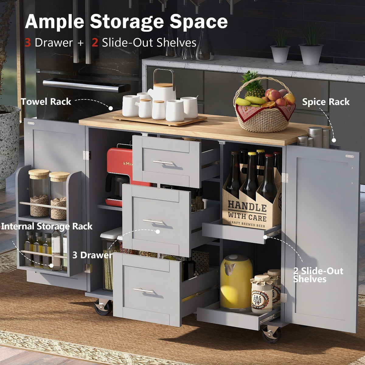 Runesay Gray Mdf Base with Mdf Wood Top Rolling Kitchen Island (17-in x 50-in x 36.85-in)