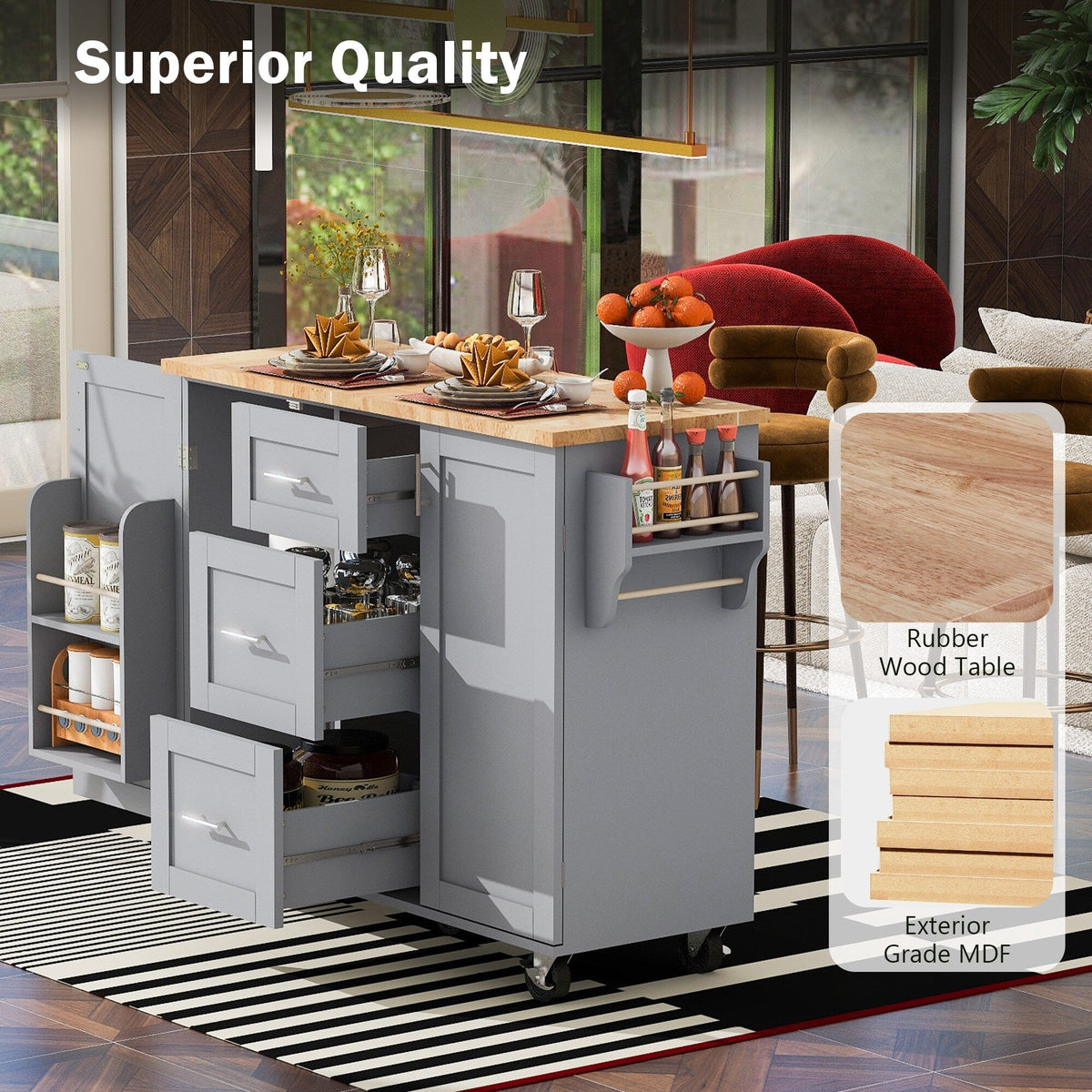 Runesay Gray Mdf Base with Mdf Wood Top Rolling Kitchen Island (17-in x 50-in x 36.85-in)