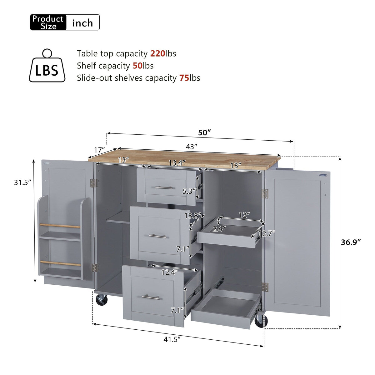 Runesay Gray Mdf Base with Mdf Wood Top Rolling Kitchen Island (17-in x 50-in x 36.85-in)